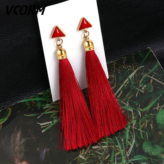 Bohemian Tassel Crystal Long Drop Earrings