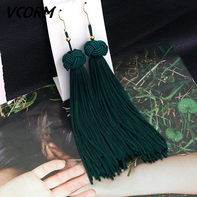 Bohemian Tassel Crystal Long Drop Earrings