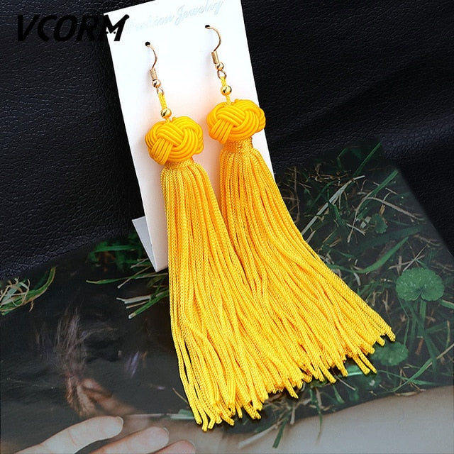 Bohemian Tassel Crystal Long Drop Earrings