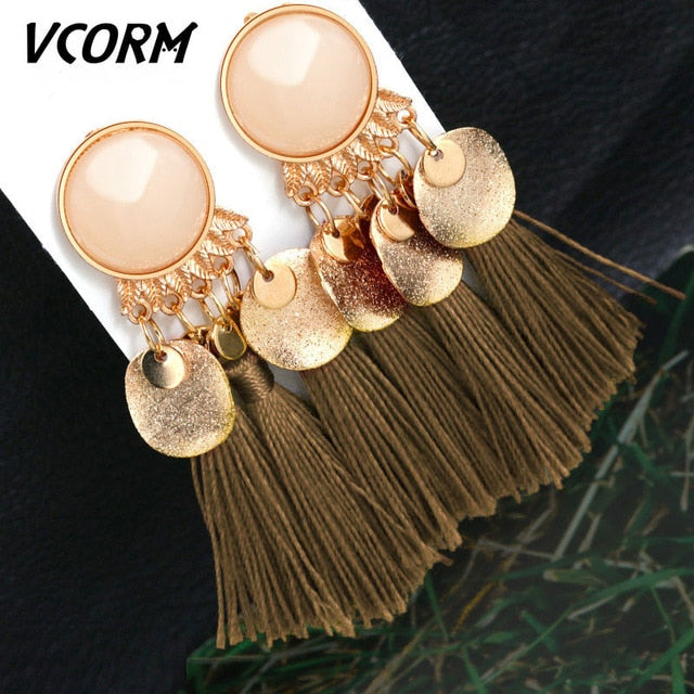 Bohemian Tassel Crystal Long Drop Earrings