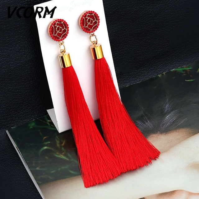 Bohemian Tassel Crystal Long Drop Earrings