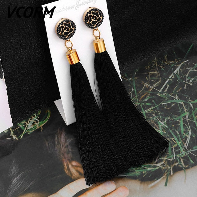 Bohemian Tassel Crystal Long Drop Earrings