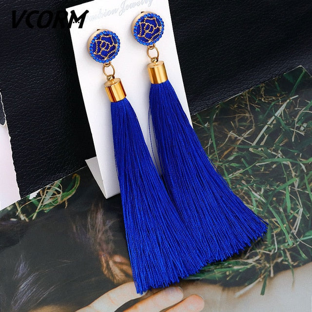 Bohemian Tassel Crystal Long Drop Earrings