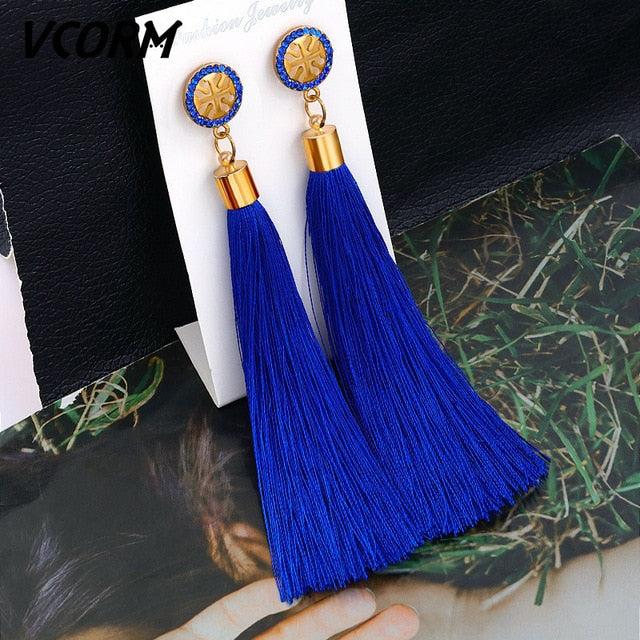 Bohemian Tassel Crystal Long Drop Earrings
