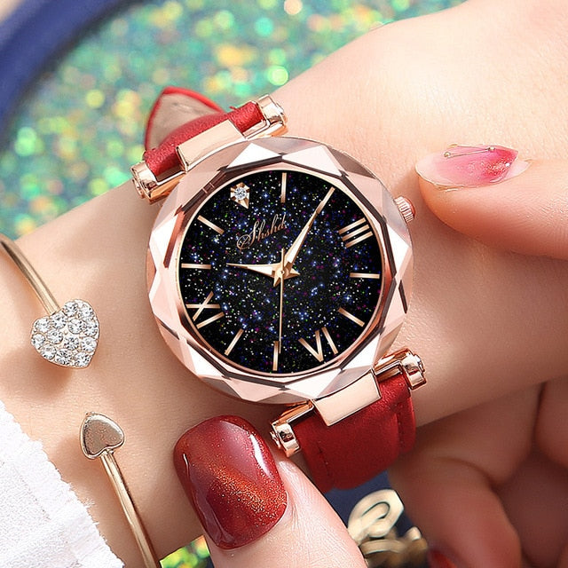 Starry Sky Lady Quartz Leather Band Watch