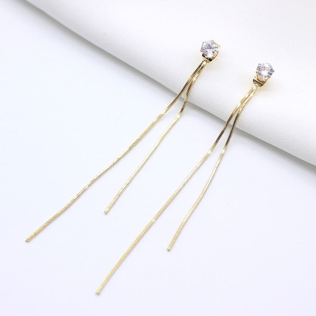 Long Crystal Tassel Gold Color Dangle Earrings