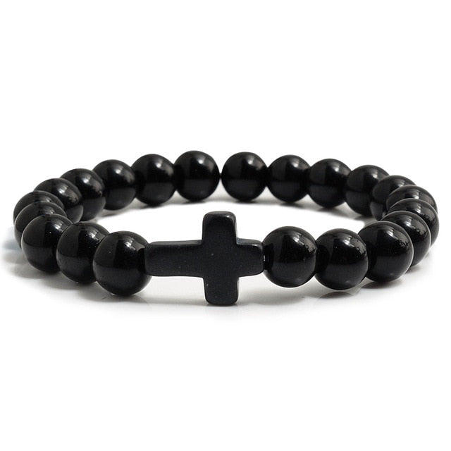 Cross Black Lava Matte Beaded Bracelets