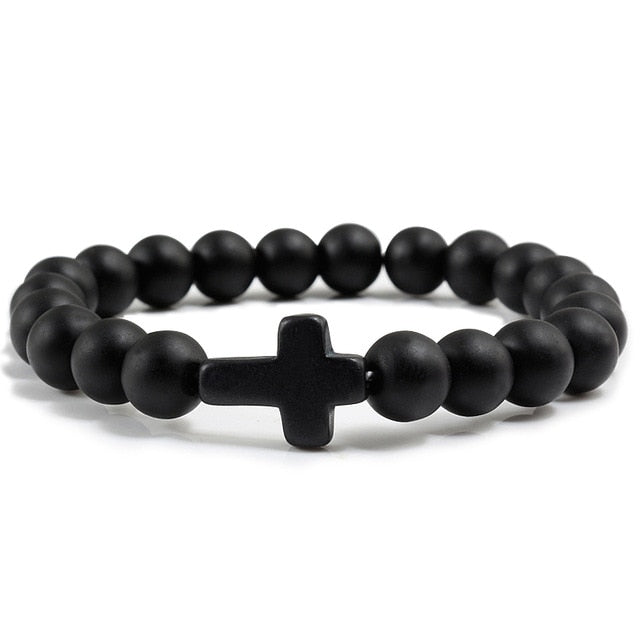 Cross Black Lava Matte Beaded Bracelets