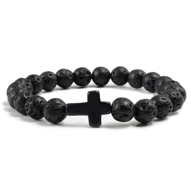 Cross Black Lava Matte Beaded Bracelets