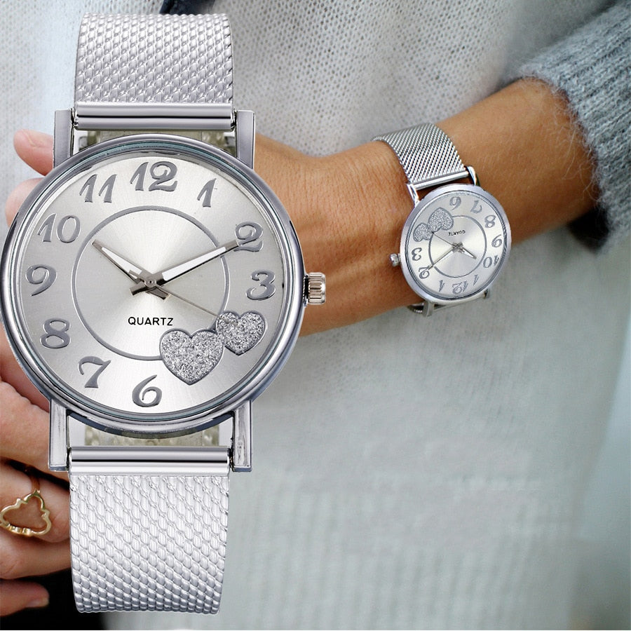 Silver Color Heart Ladies Wrist Watch