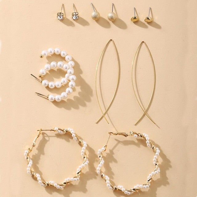 Simple Plain Gold Color Metal Pearl Hoop Earrings